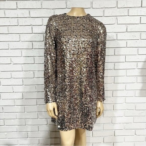 Banana Republic Metallic Sequin Long Sleeve Mini Shift Dress Gold Silver  Party